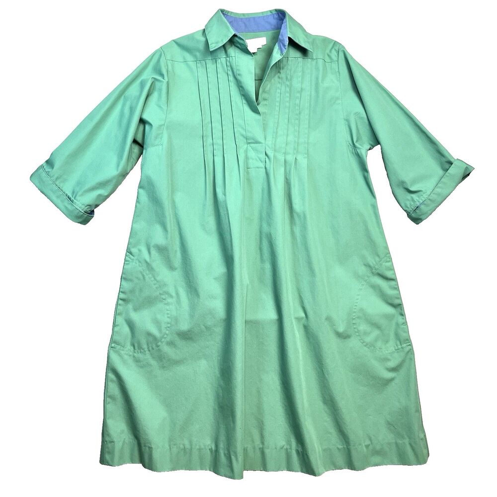 VTG HORCHOW Shirt Dress Womens Sz 14 Green Collared 3/4 Sleeve Button‎ Front 80s